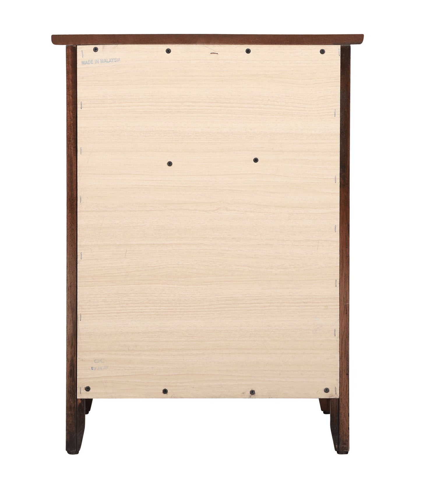 Back view of the Izzy - 1 Drawer /1 Door Nightstand, featuring a light-colored wooden panel attached with screws to a darker wooden frame and legs.