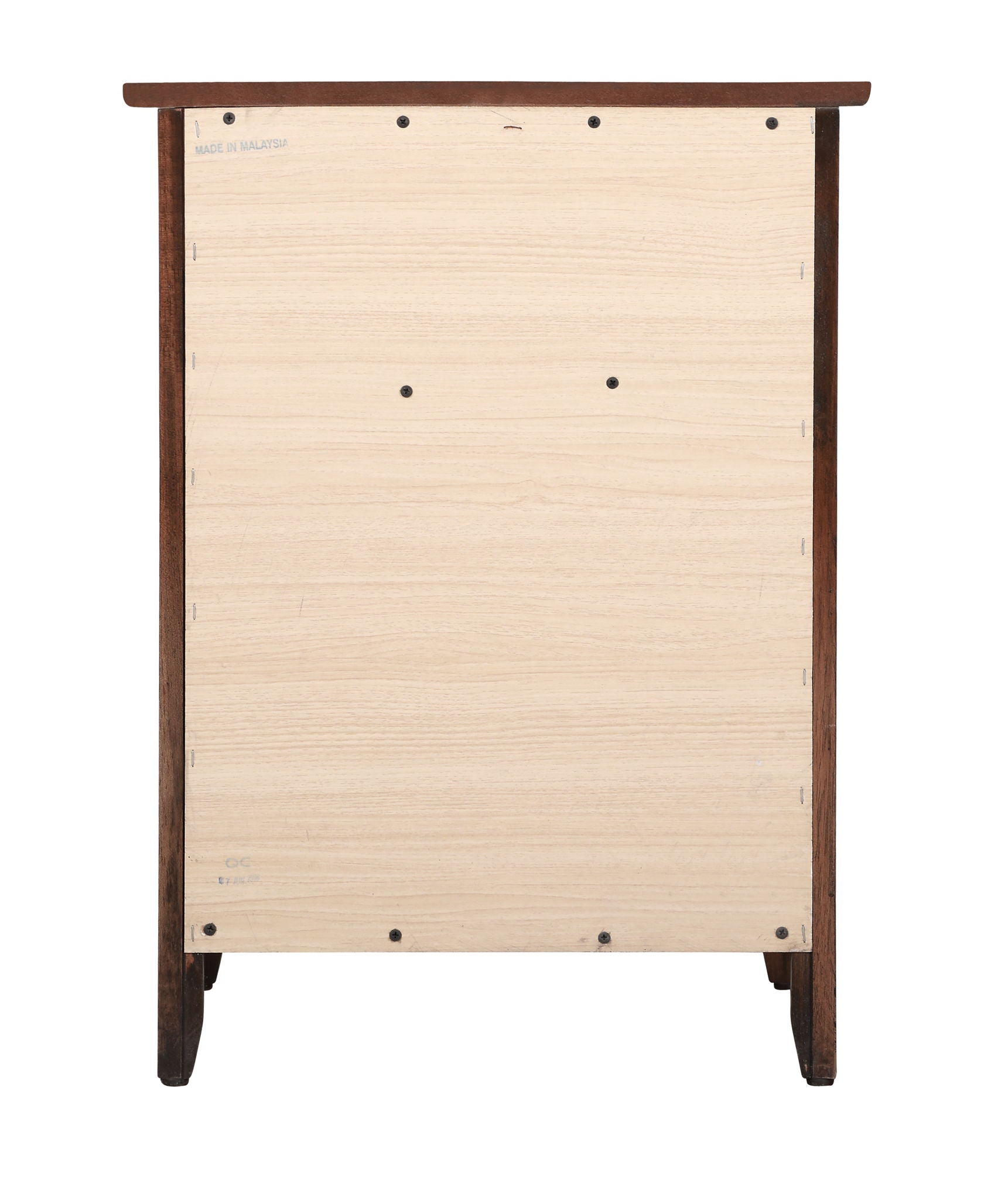 Back view of the Izzy - 1 Drawer /1 Door Nightstand, featuring a light-colored wooden panel attached with screws to a darker wooden frame and legs.