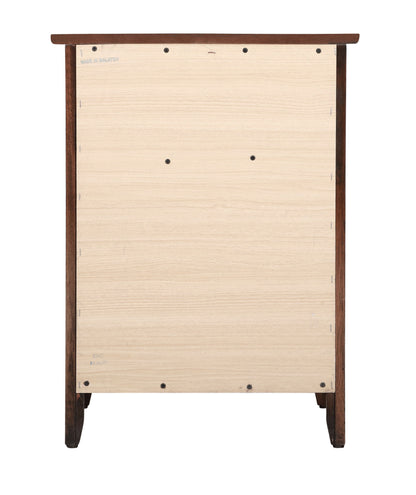 Back view of the Izzy - 1 Drawer /1 Door Nightstand, featuring a light-colored wooden panel attached with screws to a darker wooden frame and legs.