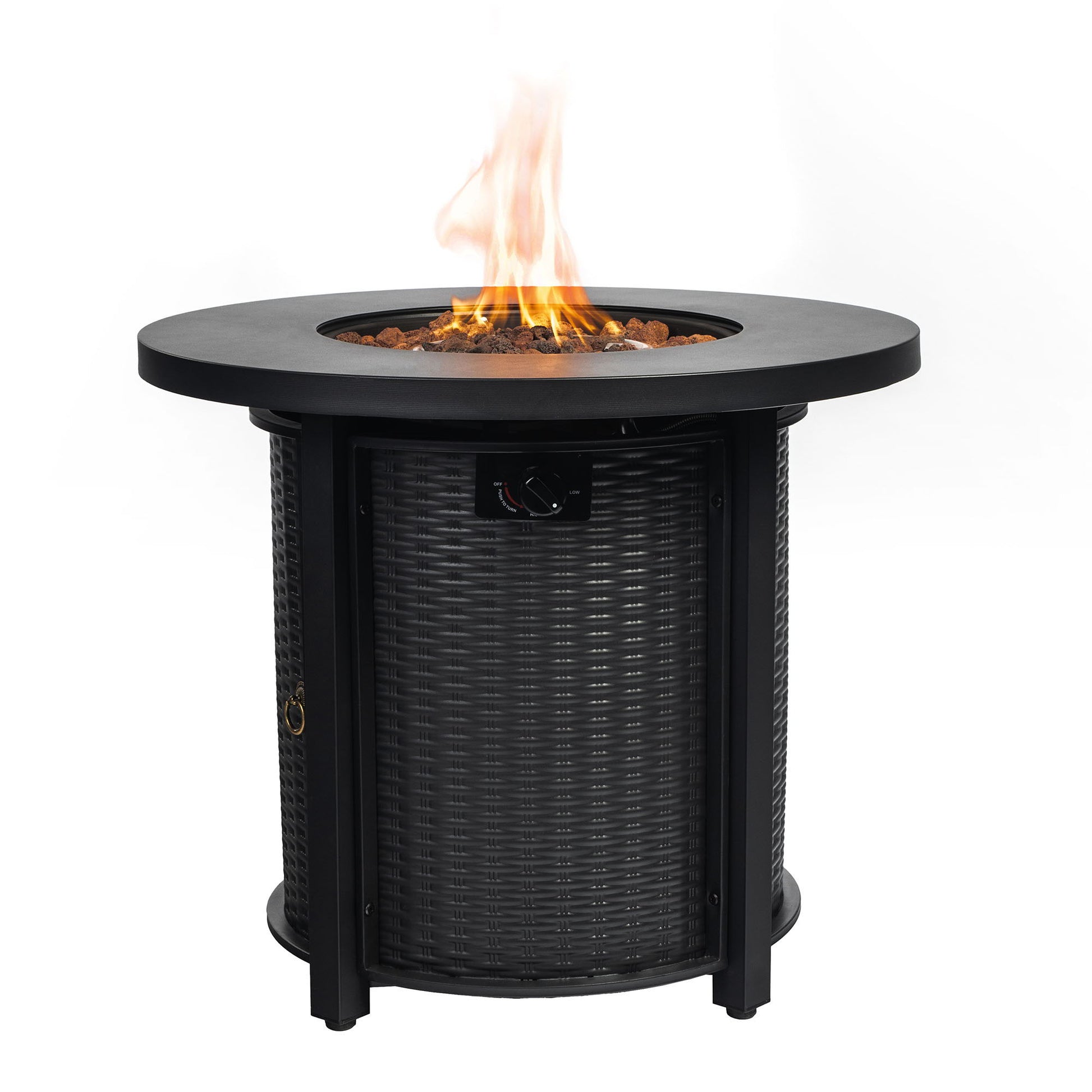 The 30" Propane Round Fire Table (40000Btu) features a black finish, wicker-style base, and a visible flame over decorative stones. This outdoor propane fire pit table is shown against a white background.
