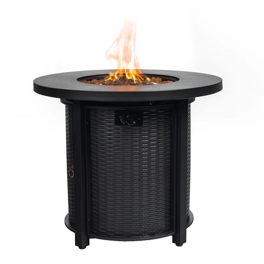 The 30" Propane Round Fire Table (40000Btu) features a black finish, wicker-style base, and a visible flame over decorative stones. This outdoor propane fire pit table is shown against a white background.