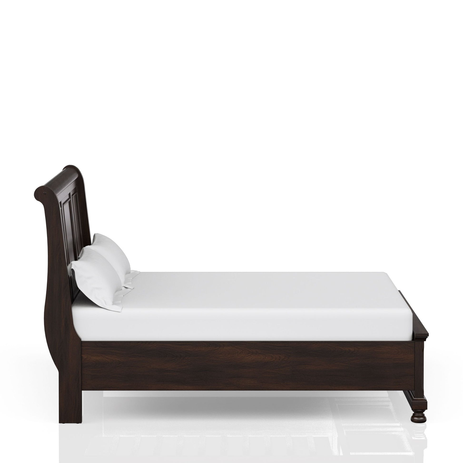 The Elegant Design Storage Bed features a dark wood finish, high headboard, low footboard, white mattress, and two white pillows, shown side view against a white background.