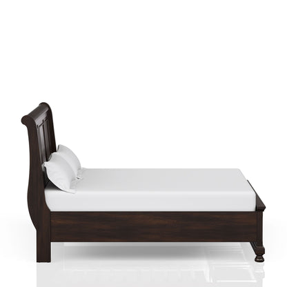 The Elegant Design Storage Bed features a dark wood finish, high headboard, low footboard, white mattress, and two white pillows, shown side view against a white background.