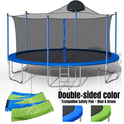 A 14Ft trampoline for adults and kids, featuring a black safety enclosure net, blue frame, metal ladder, basketball hoop, and double-sided blue and green safety pad. Text: "Double-sided color Trampoline Safety Pad – Blue & Green.