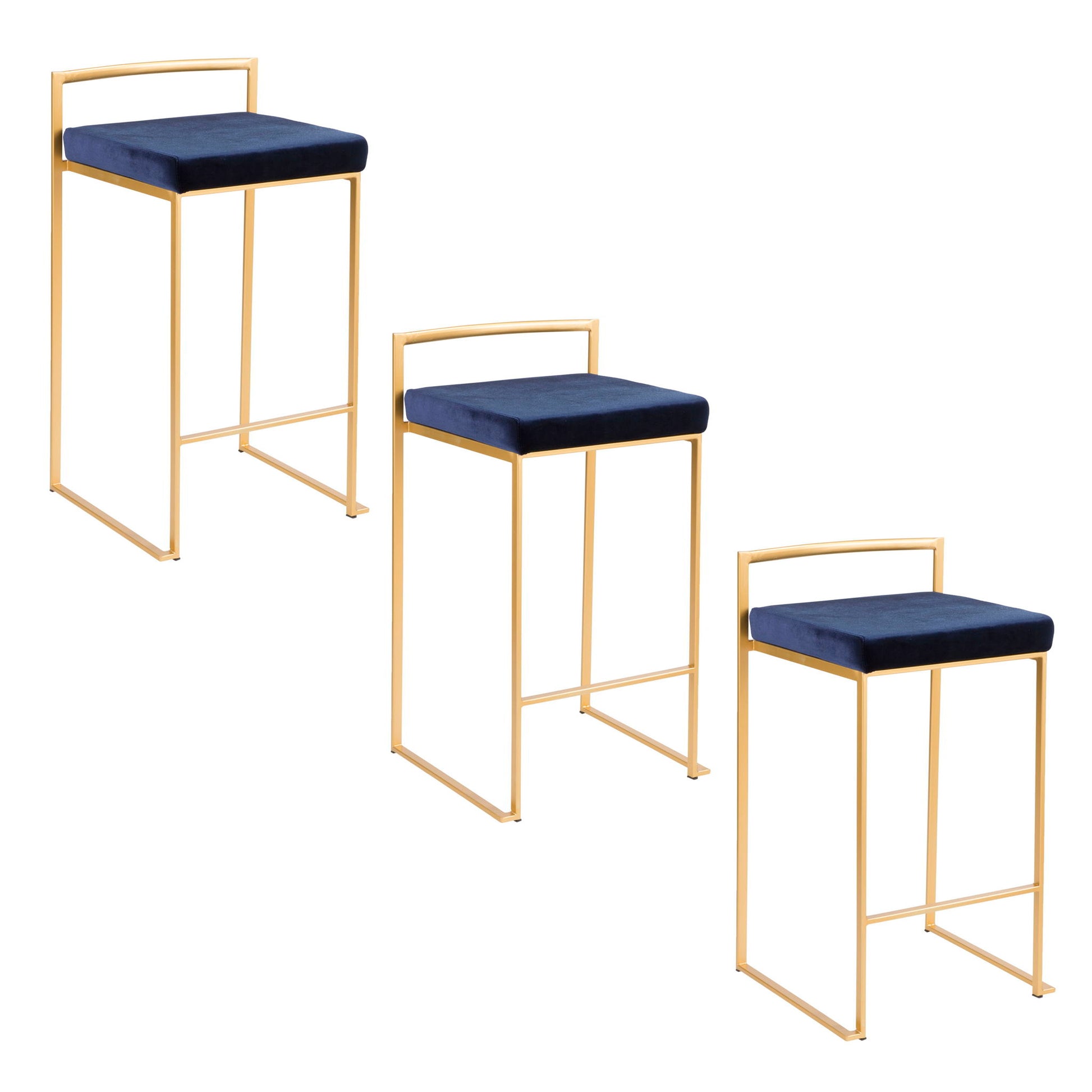 A pair of Fuji Contemporary/Glam Design Counter Stools with gold metal frames and square navy blue cushioned seats are arranged at an angle on a white background.