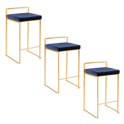 A pair of Fuji Contemporary/Glam Design Counter Stools with gold metal frames and square navy blue cushioned seats are arranged at an angle on a white background.