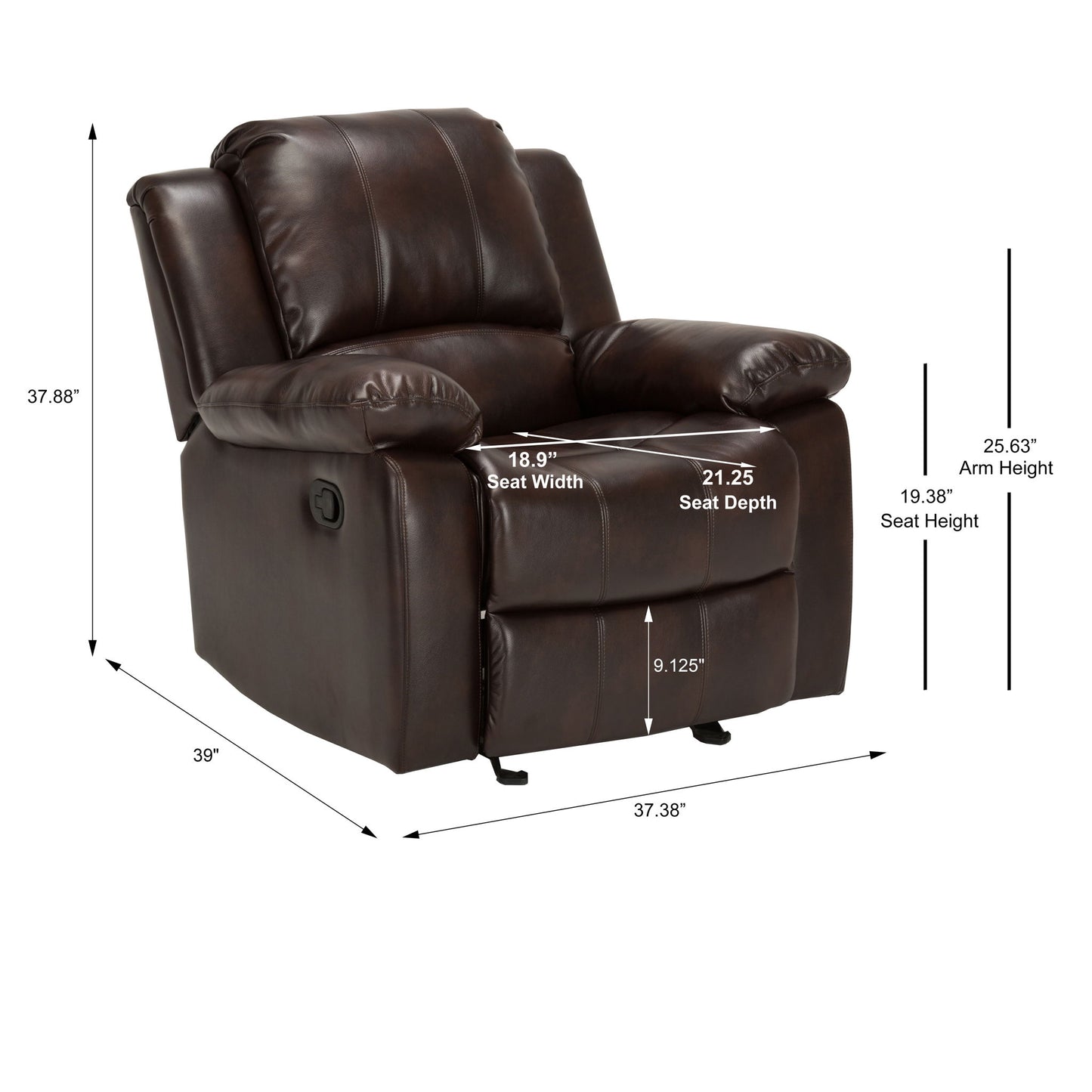 The Charlotte Glider Recliner features classic style in brown leather, measuring 37.88"H x 39"D x 37.38"W, with a 25.63" arm height, 19.38" seat height, 18.9" seat width, 21.25" seat depth, and a 9.125" footrest height.
