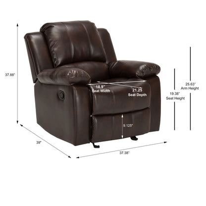 The Charlotte Glider Recliner features classic style in brown leather, measuring 37.88"H x 39"D x 37.38"W, with a 25.63" arm height, 19.38" seat height, 18.9" seat width, 21.25" seat depth, and a 9.125" footrest height.