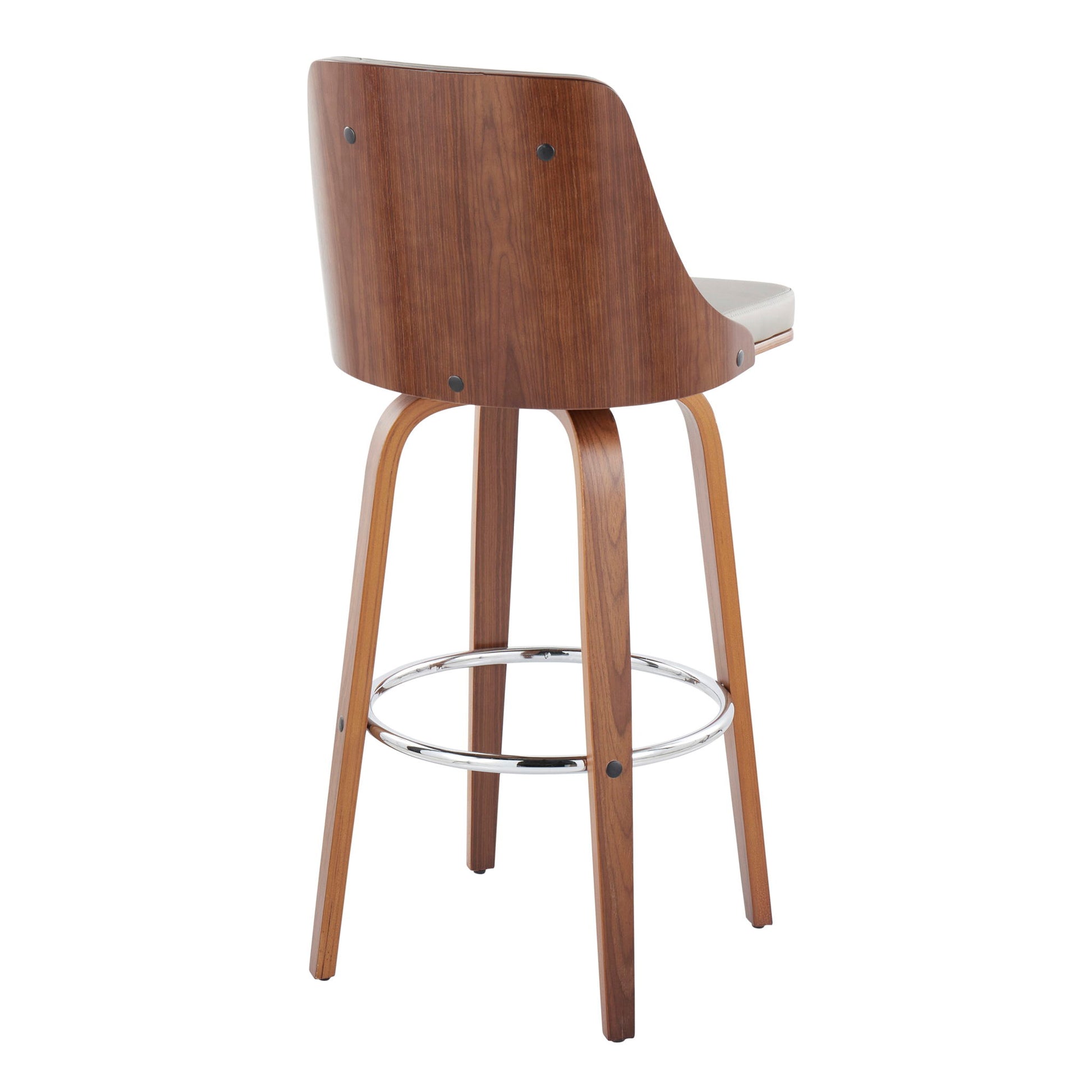 The Gianna Mid Century Modern Fixed Height Barstool features a curved backrest, four legs, a round chrome footrest, and a light cushioned seat. Shown from a rear angled view. Set of 2.