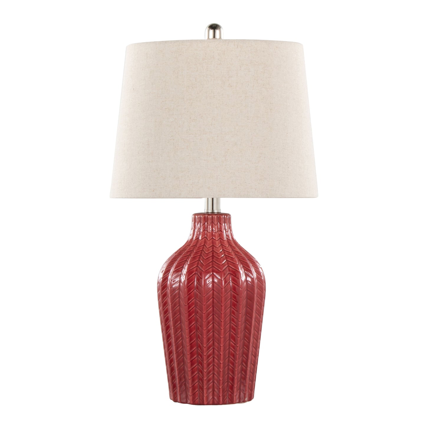 The Rockwell - Contemporary Table Lamp (Set of 2) features a textured, glossy red ceramic base with a chevron pattern and a wide, off-white fabric lampshade.