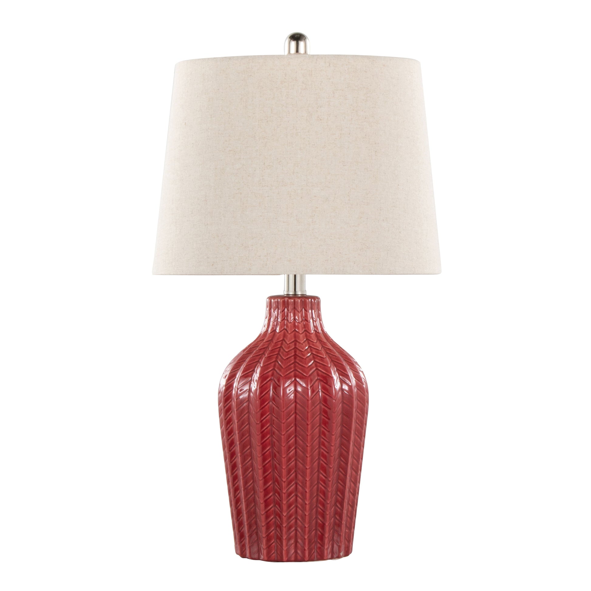 The Rockwell - Contemporary Table Lamp (Set of 2) features a textured, glossy red ceramic base with a chevron pattern and a wide, off-white fabric lampshade.