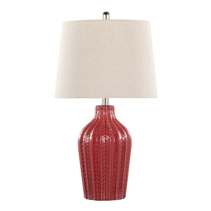 The Rockwell - Contemporary Table Lamp (Set of 2) features a textured, glossy red ceramic base with a chevron pattern and a wide, off-white fabric lampshade.
