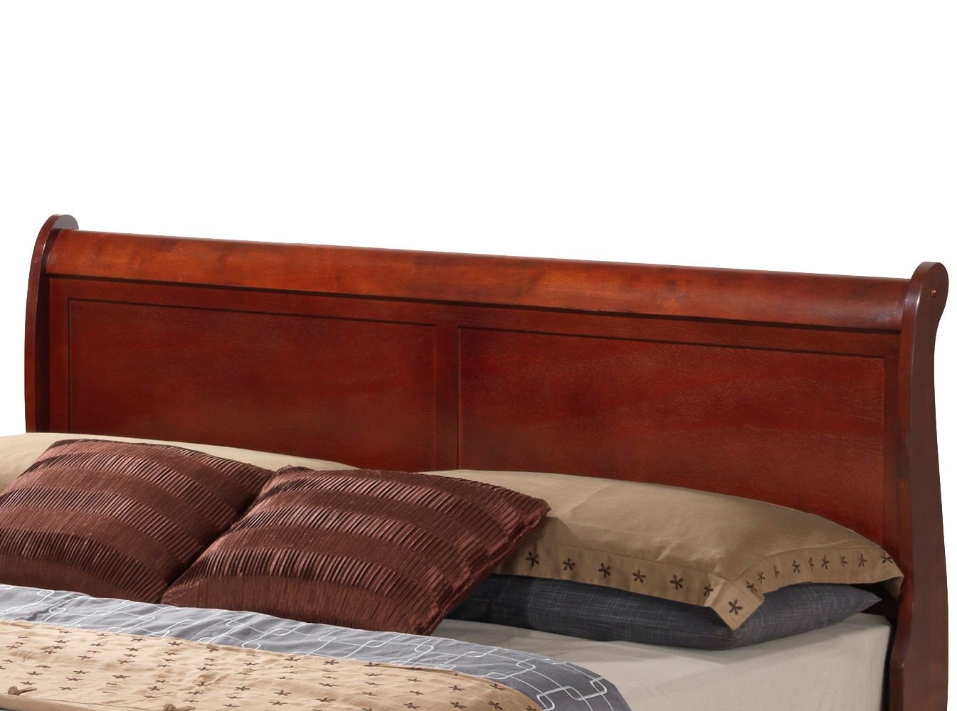 A close-up view of the Louis Phillipe - Storage Bed’s dark wooden sleigh headboard with brown and beige pillows and bedding.