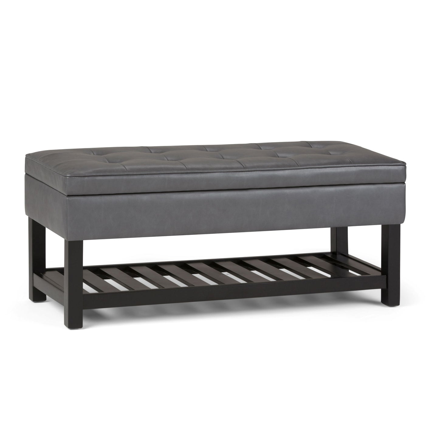 The Cosmopolitan - Storage Ottoman Bench With Open Bottom features a rectangular gray tufted padded seat, black wooden legs, and a slatted storage shelf, shown against a white background.