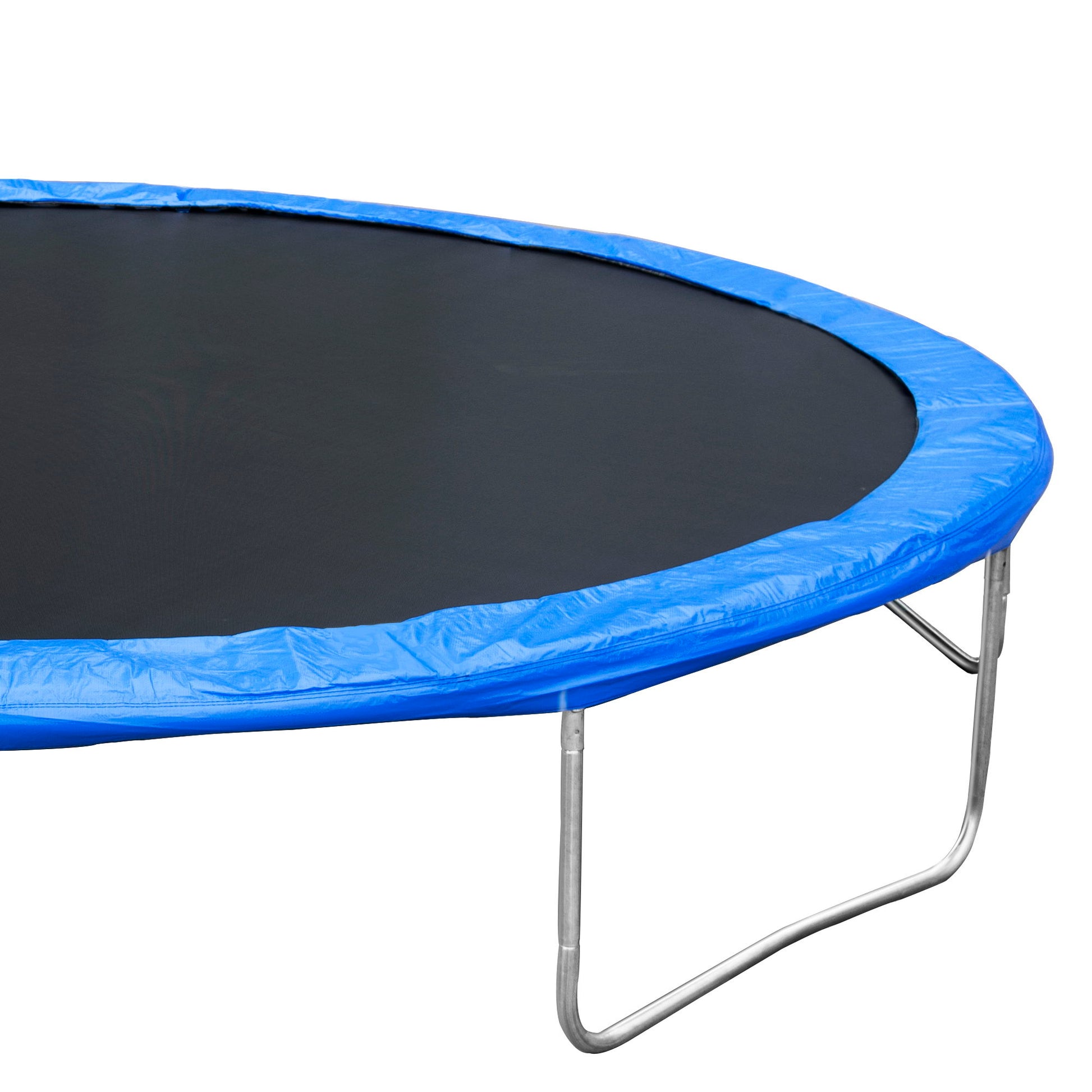 A close-up of the 14Ft Trampoline for Adults & Kids in blue, showing its round frame, black jumping surface, metal legs, and safety pad. Features a basketball hoop, ladder, and safety enclosure net for outdoor fun.