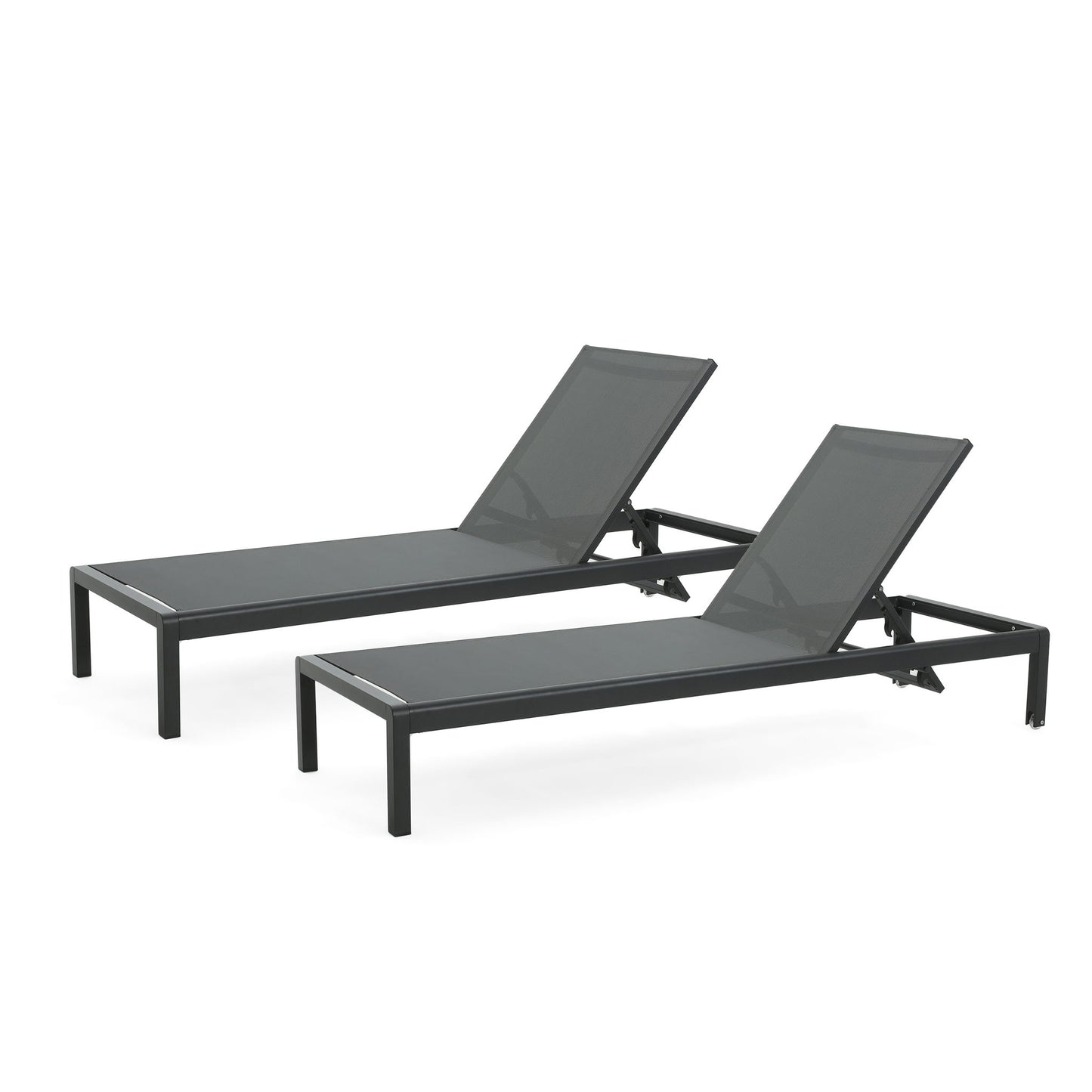 Two sleek, minimalist Outdoor Patio Chaise Lounges in black metal and mesh fabric are set side by side, with each backrest reclined at a different angle. Each chair features 5 adjustable reclining positions.
