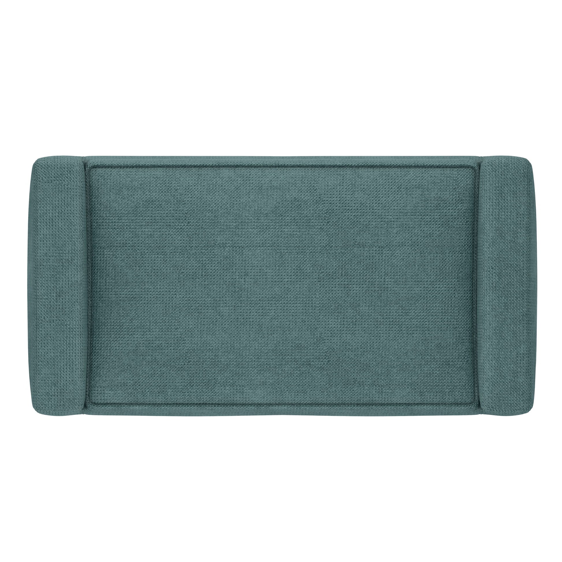 Top view of the Scott - Upholstered Ottoman Bench, rectangular and teal with cushioned arms on both short sides, displayed against a white background.