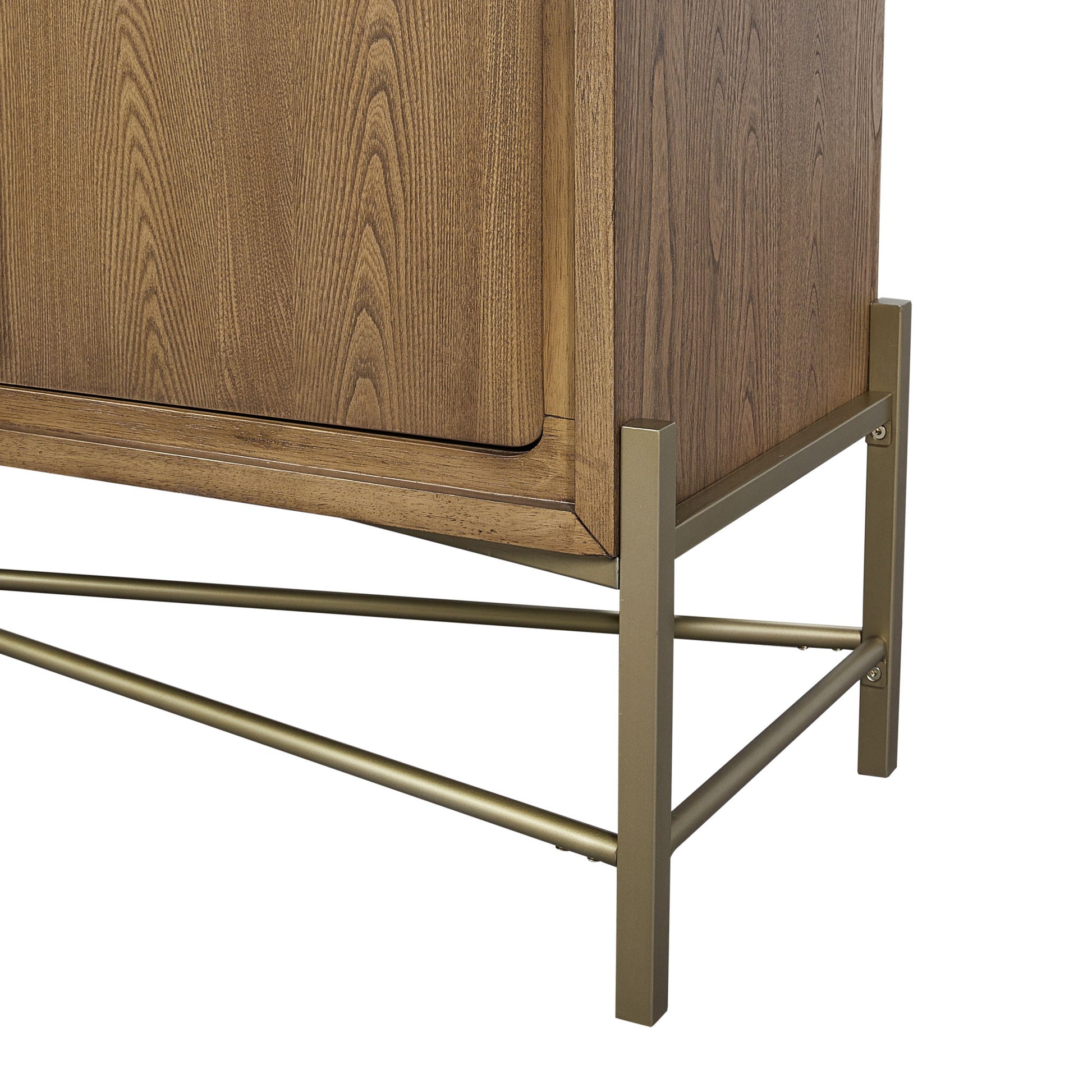 Close-up of the Metal Base Sideboard - Light Brown, showing its gold metal frame with crossbars supporting the light brown wooden cabinet.