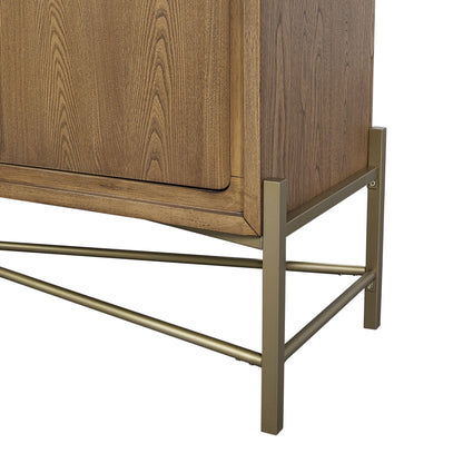 Close-up of the Metal Base Sideboard - Light Brown, showing its gold metal frame with crossbars supporting the light brown wooden cabinet.