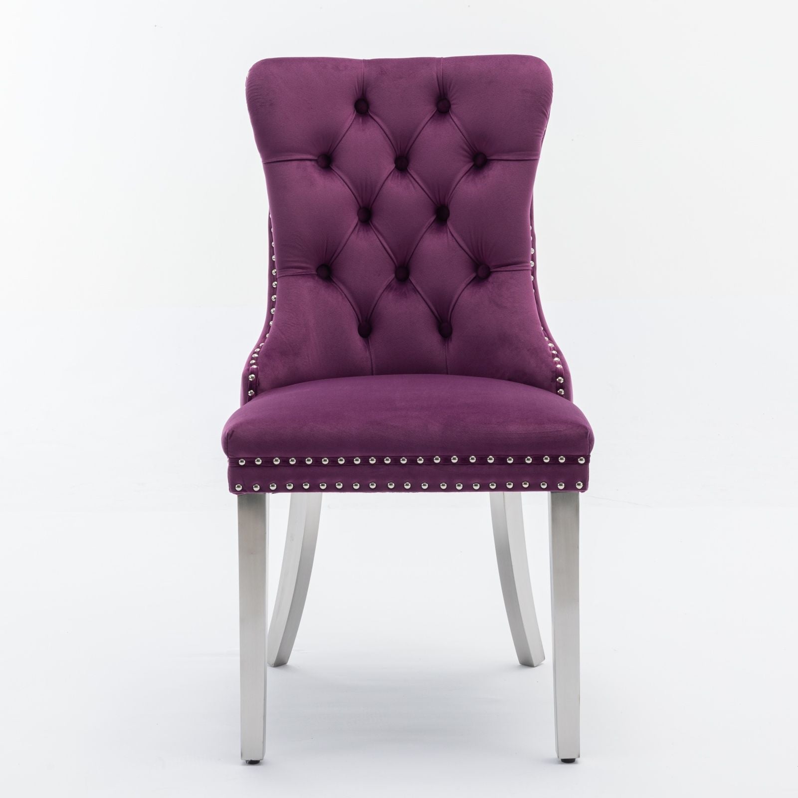 The Nikki set features two modern, high-end purple velvet dining chairs with button tufting, nailhead trim, and chrome stainless steel-plated legs, shown against a plain white background.