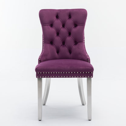 The Nikki set features two modern, high-end purple velvet dining chairs with button tufting, nailhead trim, and chrome stainless steel-plated legs, shown against a plain white background.