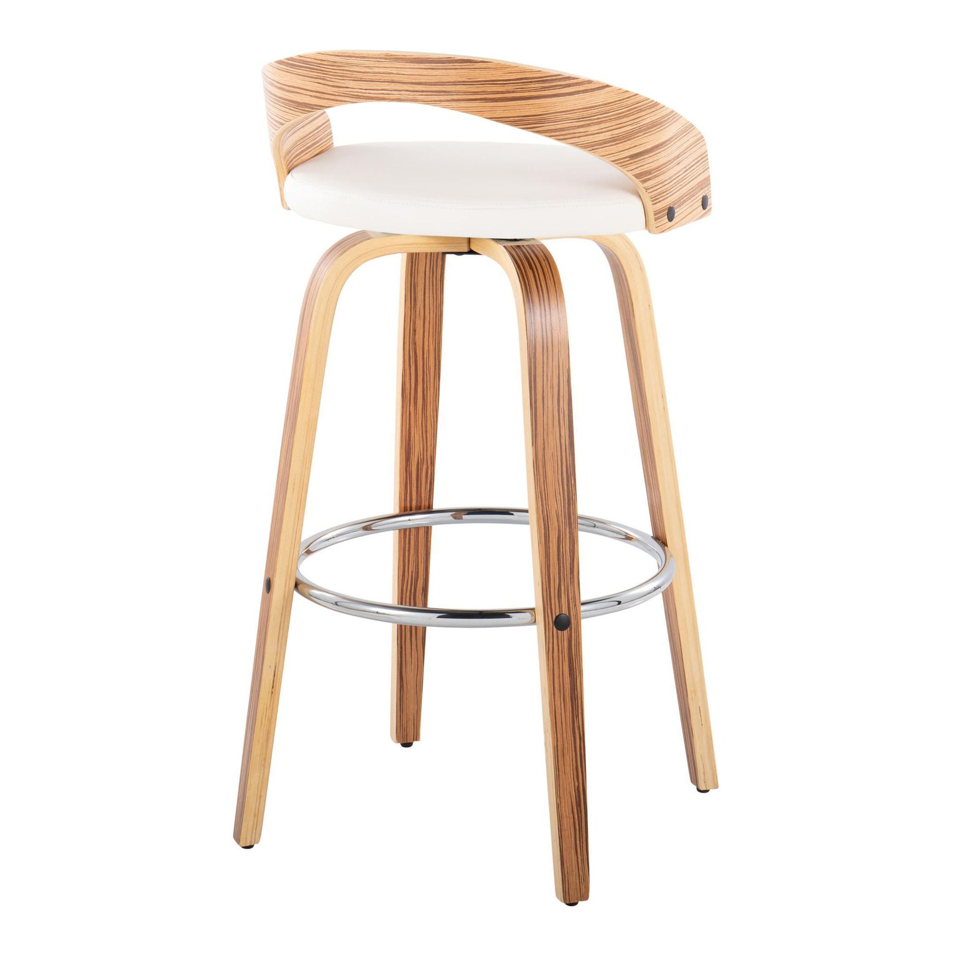 The Grotto Contemporary Fixed Height Barstool features a curved backrest, white cushioned seat, swivel function, angled legs with a natural wood finish, and a round chrome footrest. Sold as a set of 2.