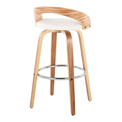 The Grotto Contemporary Fixed Height Barstool features a curved backrest, white cushioned seat, swivel function, angled legs with a natural wood finish, and a round chrome footrest. Sold as a set of 2.