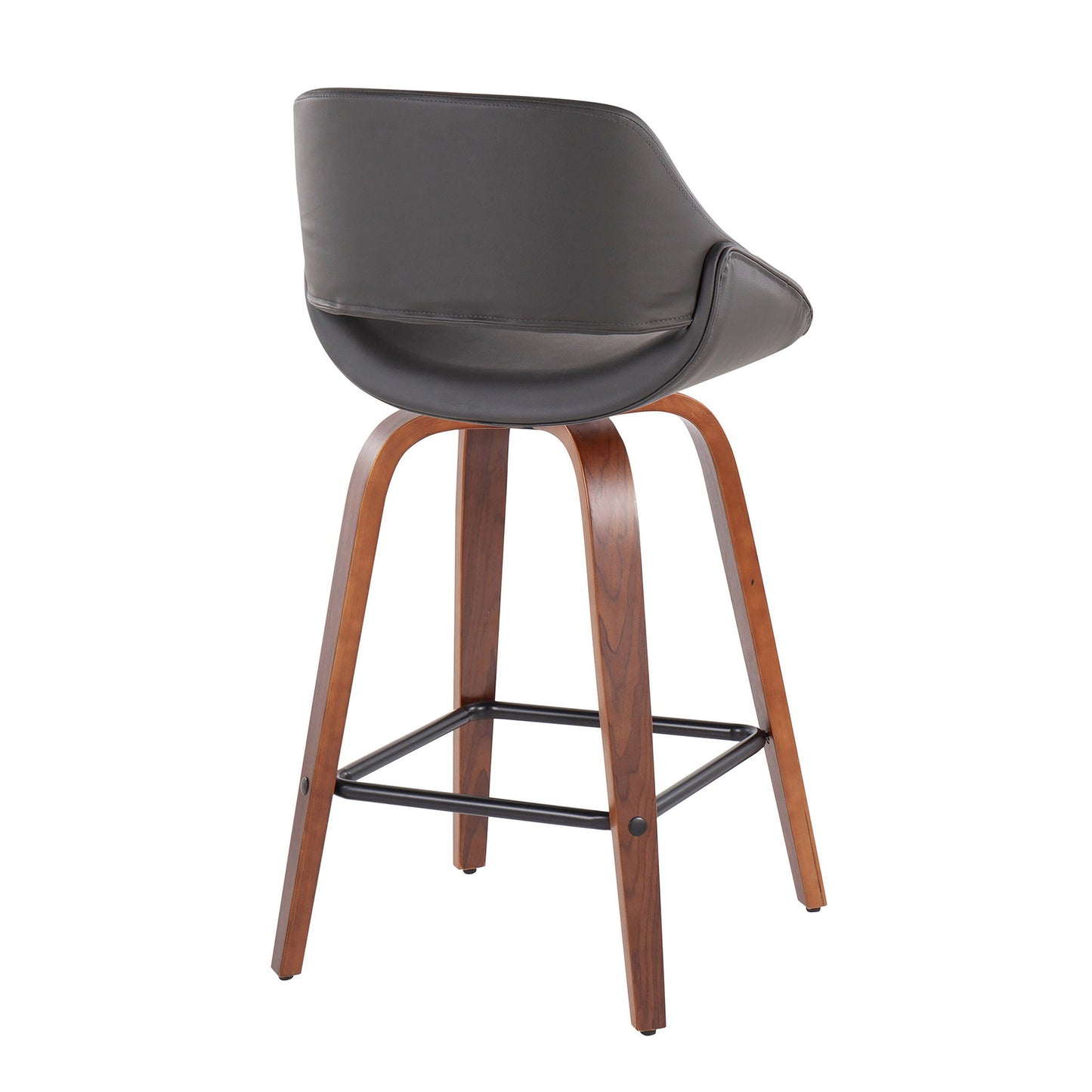 The Fabrico Mid-Century Modern Counter Stool set features curved dark leather seats, wooden legs, and black metal footrests, shown from the back.