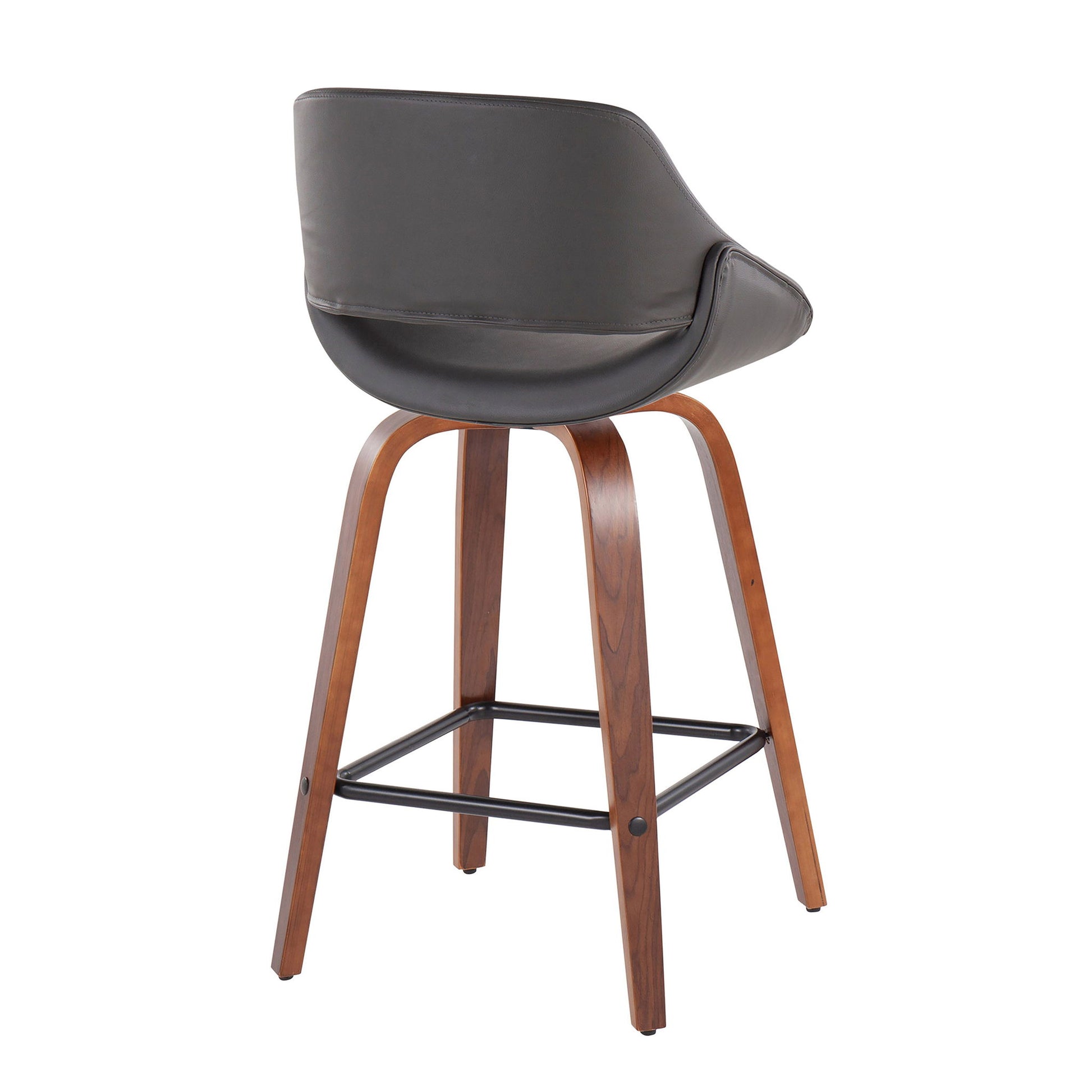 The Fabrico Mid-Century Modern Counter Stool set features curved dark leather seats, wooden legs, and black metal footrests, shown from the back.