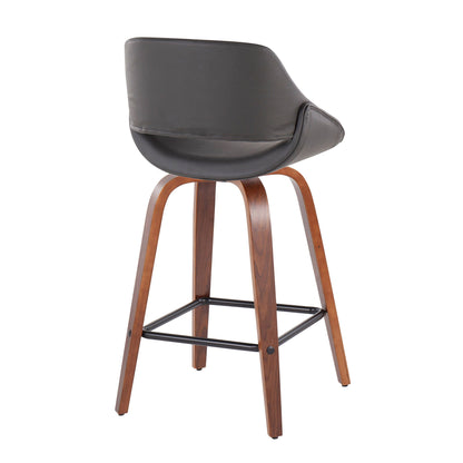 The Fabrico Mid-Century Modern Counter Stool set features curved dark leather seats, wooden legs, and black metal footrests, shown from the back.