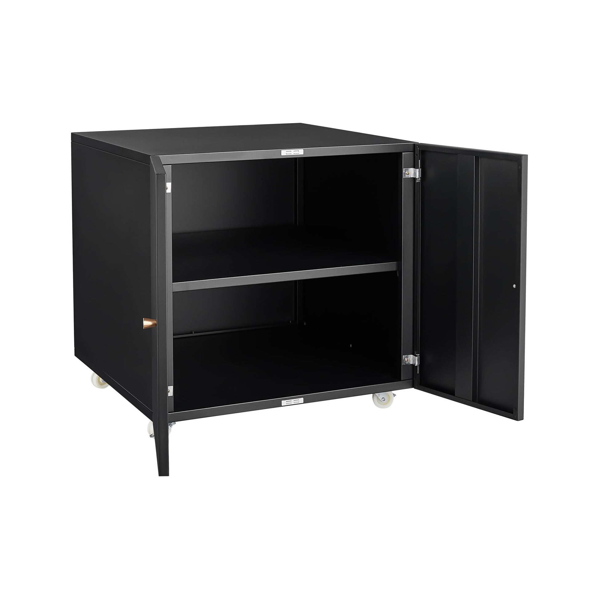 The Office Furniture Copier Cabinet is a steel, two-door mobile pedestal file printer stand with spacious shelves inside and white caster wheels, featuring a minimalist modern design for easy storage and mobility.