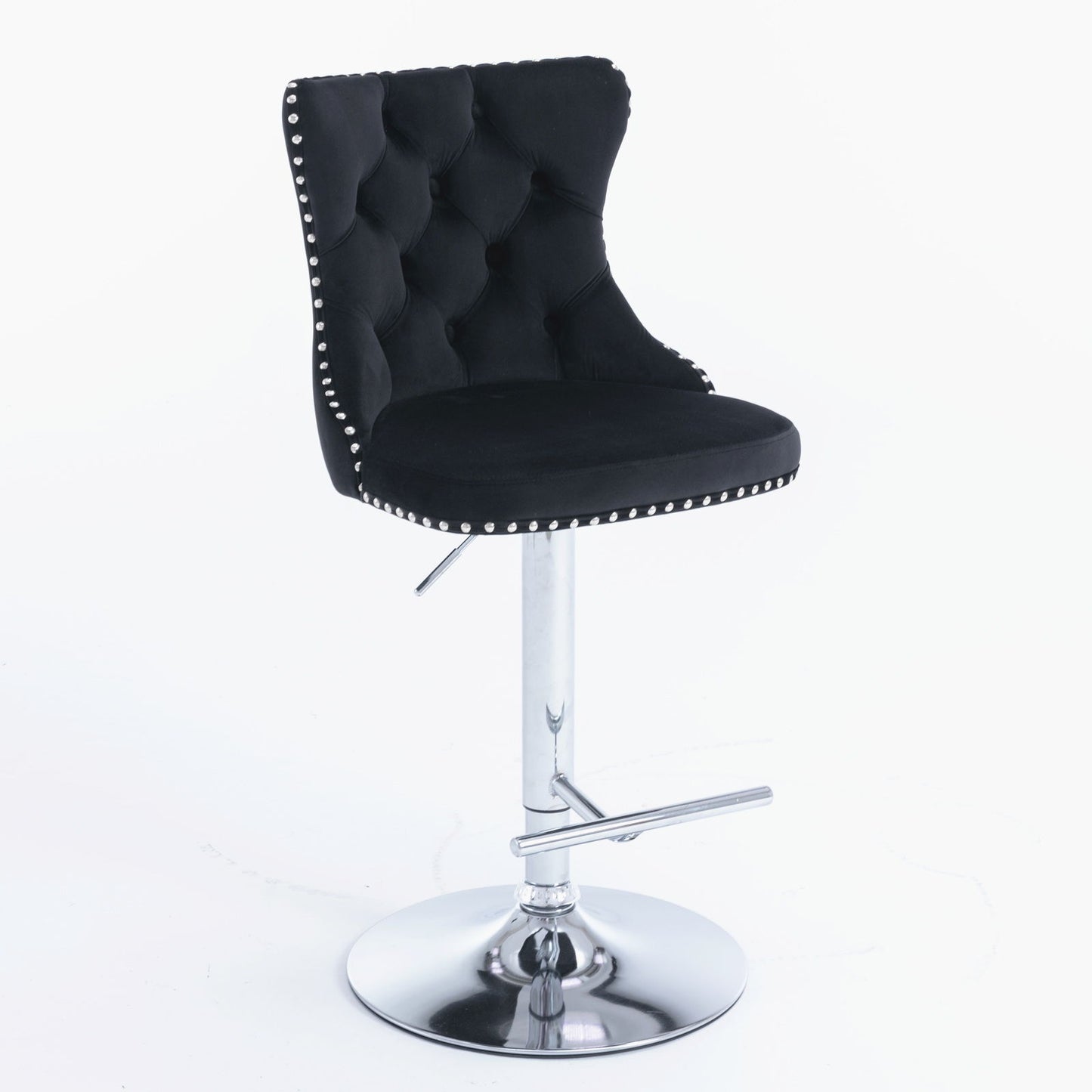A set of 2 modern Swivel Velvet Barstools with tufted backs, chrome adjustable bases (seat height 25-33"), and upholstered in black, perfect for home pubs or kitchen islands, shown against a white background.