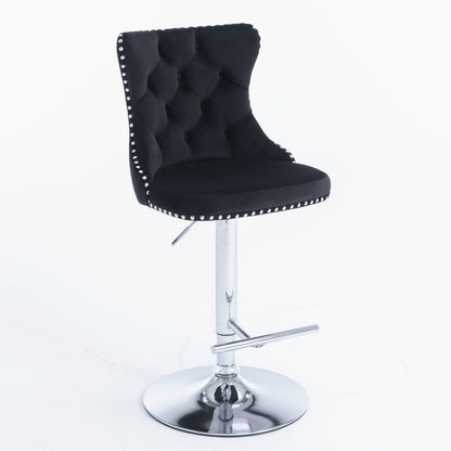 A set of 2 modern Swivel Velvet Barstools with tufted backs, chrome adjustable bases (seat height 25-33"), and upholstered in black, perfect for home pubs or kitchen islands, shown against a white background.