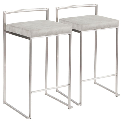 Set of two Fuji contemporary stackable counter stools with light gray cushioned seats, sleek silver metal frames, low rectangular backrests, and footrests for modern style.
