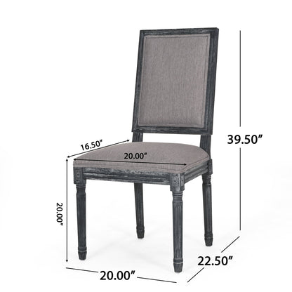 The French Country Style Dining Chair features a wooden frame, gray padded fabric seat and backrest, fluted legs, and measures 39.5" high, 20" seat width/depth, 16.5" backrest width, and 22.5" overall depth.