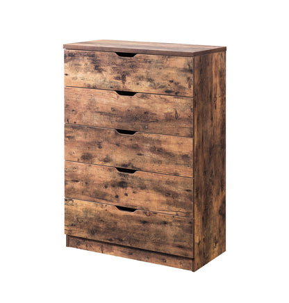 The 5 Drawer Bedroom Chest Dresser is a distressed wood cabinet featuring five drawers with cutout handles, shown against a white background.