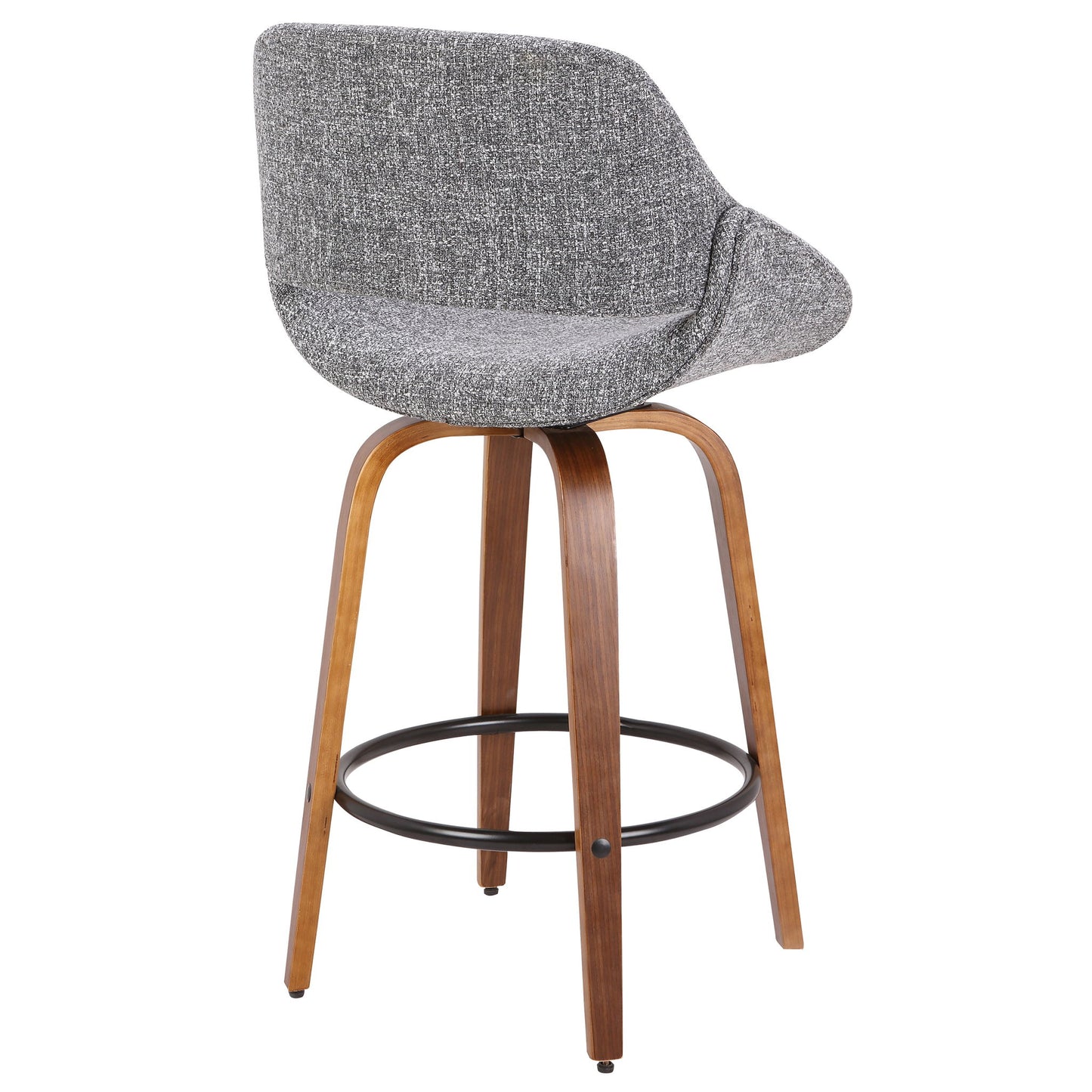 The Fabrico - Mid Century Inviting Design Modern Counter Stool features a curved gray upholstered backrest and seat, walnut-finished wooden legs, and a circular black metal footrest, shown against a plain white background.
