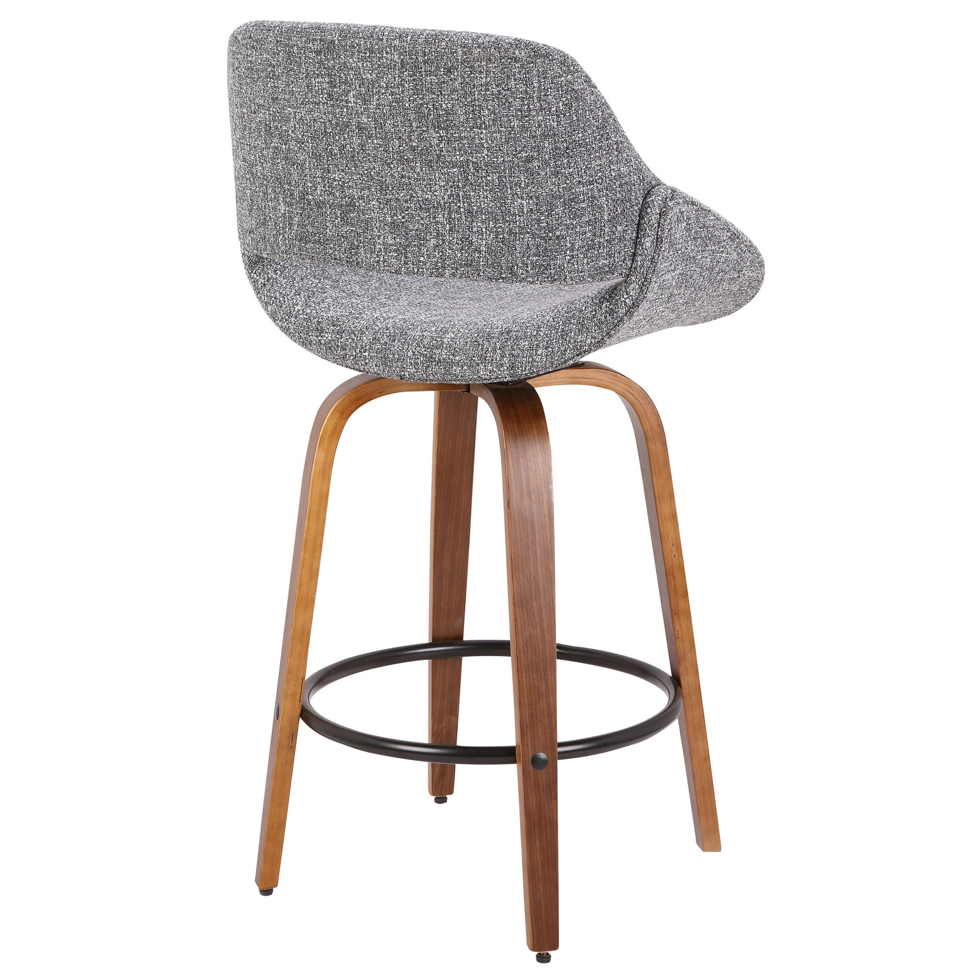 The Fabrico - Mid Century Inviting Design Modern Counter Stool features a curved gray upholstered backrest and seat, walnut-finished wooden legs, and a circular black metal footrest, shown against a plain white background.