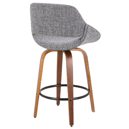 The Fabrico - Mid Century Inviting Design Modern Counter Stool features a curved gray upholstered backrest and seat, walnut-finished wooden legs, and a circular black metal footrest, shown against a plain white background.