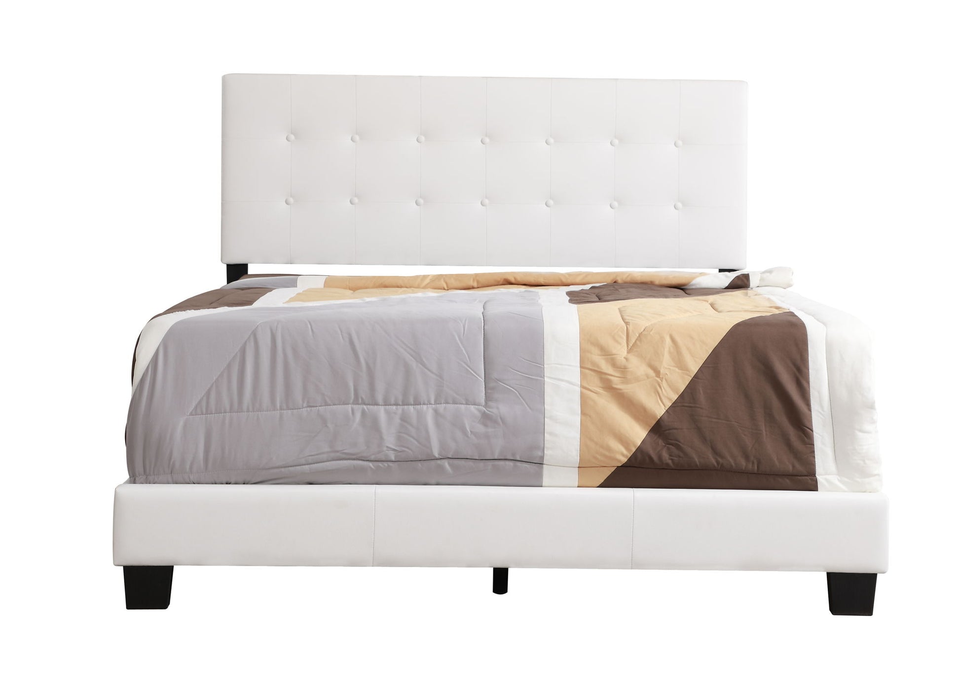 The Caldwell - Bed features a modern white tufted headboard and base, shown with a geometric-patterned comforter in tan, brown, gray, and white. The bed is presented isolated on a white background.