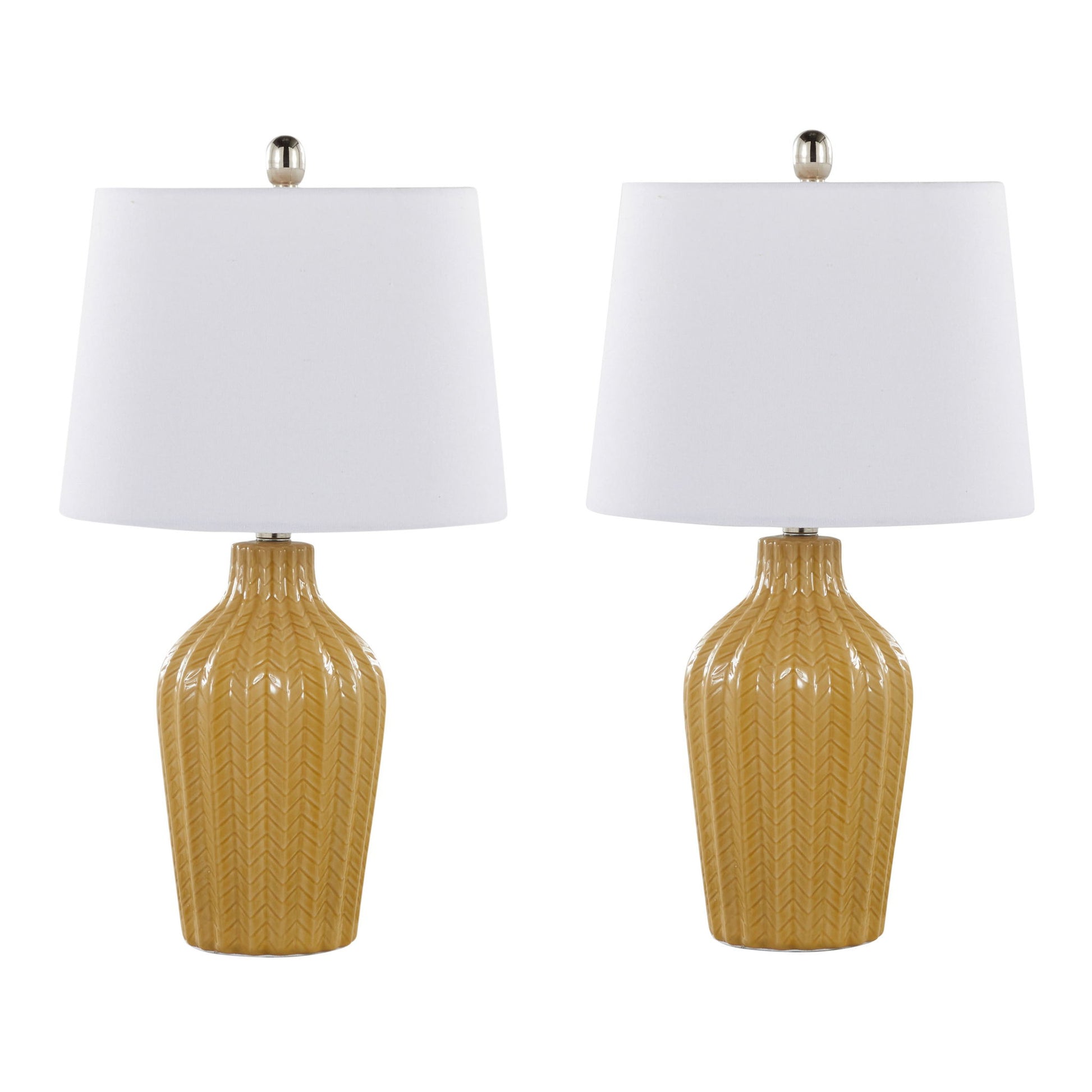 The Rockwell Contemporary Table Lamp set features two lamps with textured yellow ceramic bases and white tapered drum shades, displayed against a plain white background.