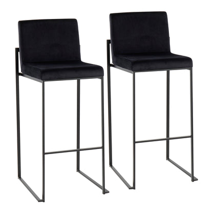 The Fuji Contemporary High Back Barstool features two sleek black stools with rectangular padded seats and backs, minimalist metal frames, and built-in footrests for a modern, elegant look.