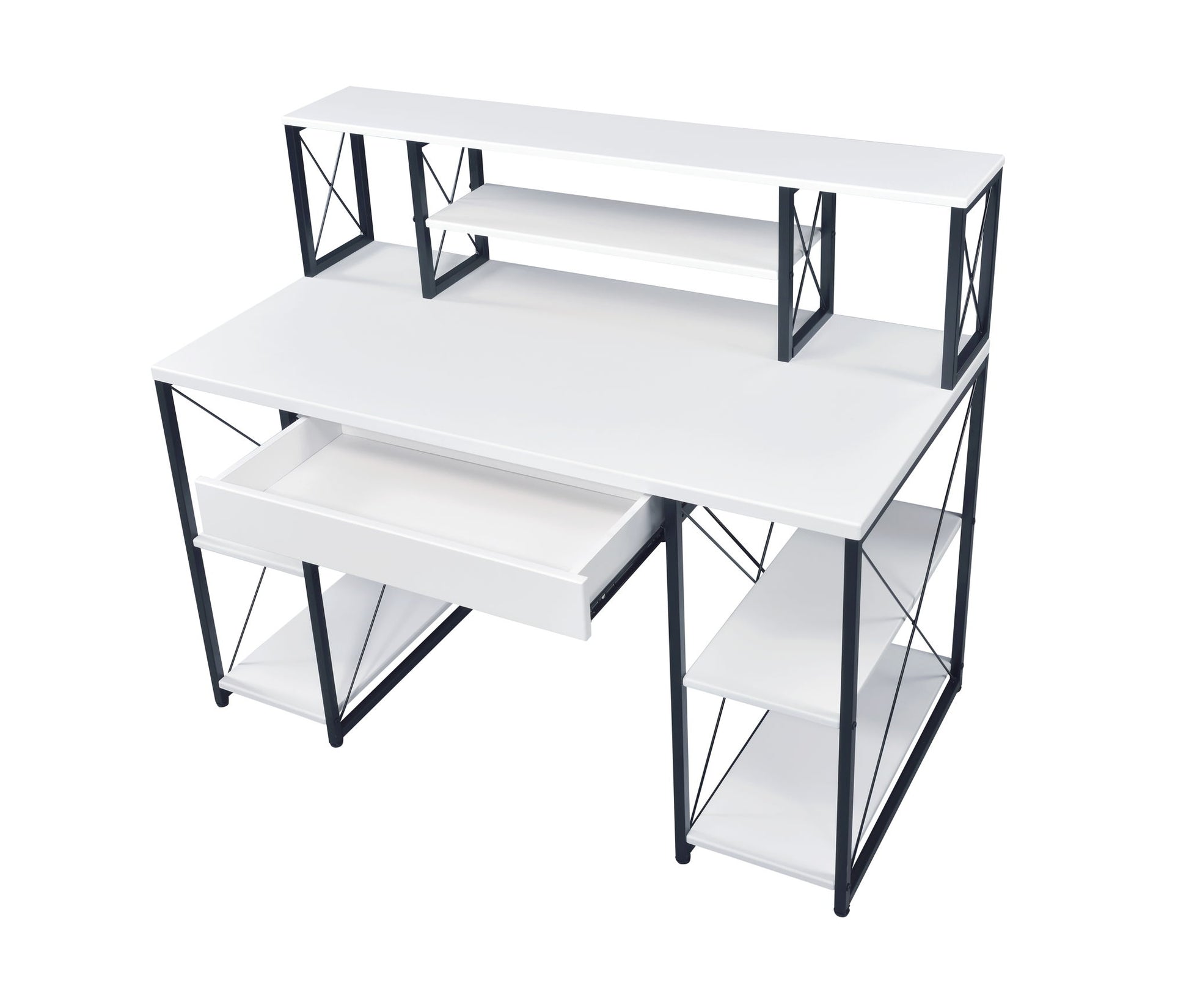 The Amiel All Purpose Writing Desk features a modern white finish with a black metal frame, raised shelf, side shelves, and a central pull-out drawer. Its open design offers multiple storage areas for versatile organization.