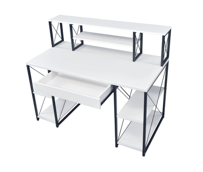 The Amiel All Purpose Writing Desk features a modern white finish with a black metal frame, raised shelf, side shelves, and a central pull-out drawer. Its open design offers multiple storage areas for versatile organization.