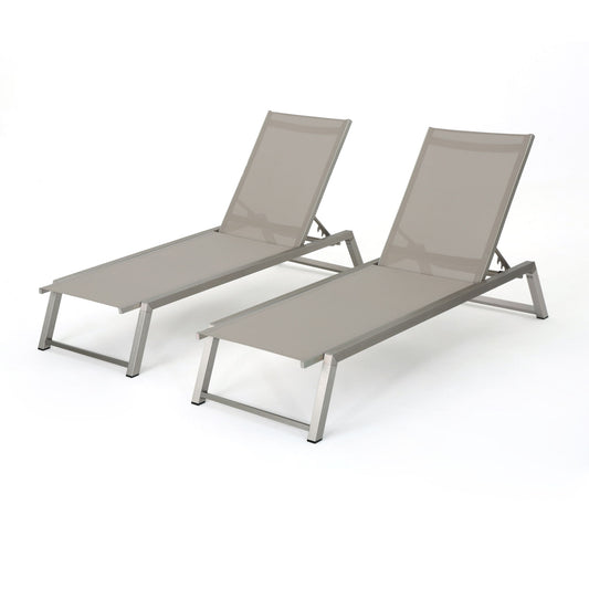 The Myers Modern Chaise Lounge Set features two gray metal outdoor loungers with adjustable mesh backs, shown side by side on a white background.