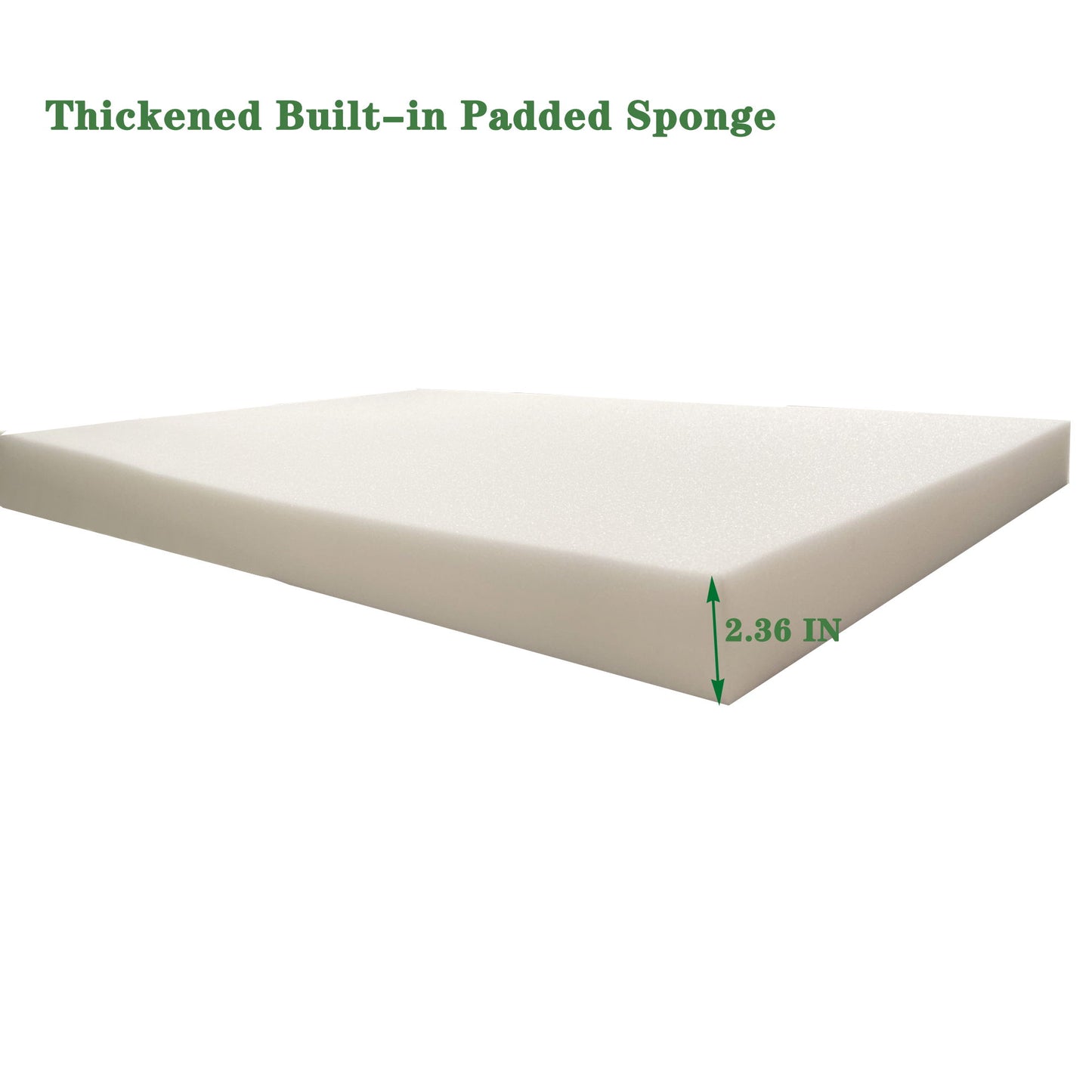 A thick rectangular white foam pad for the Outdoor Lounge Chair Cushion Replacement, with "Thickened Built-in Padded Sponge" above and a green arrow indicating its 2.36-inch thickness.