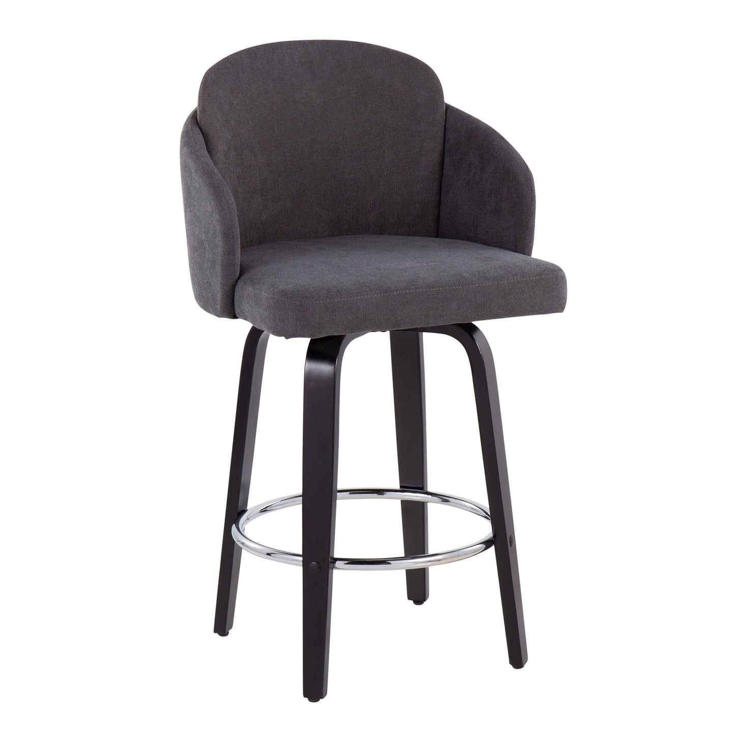 The Dahlia Contemporary Counter Stool (Set of 2) features a curved, upholstered dark gray backrest and seat, four black wooden legs, and a round metal footrest for modern style and comfort.