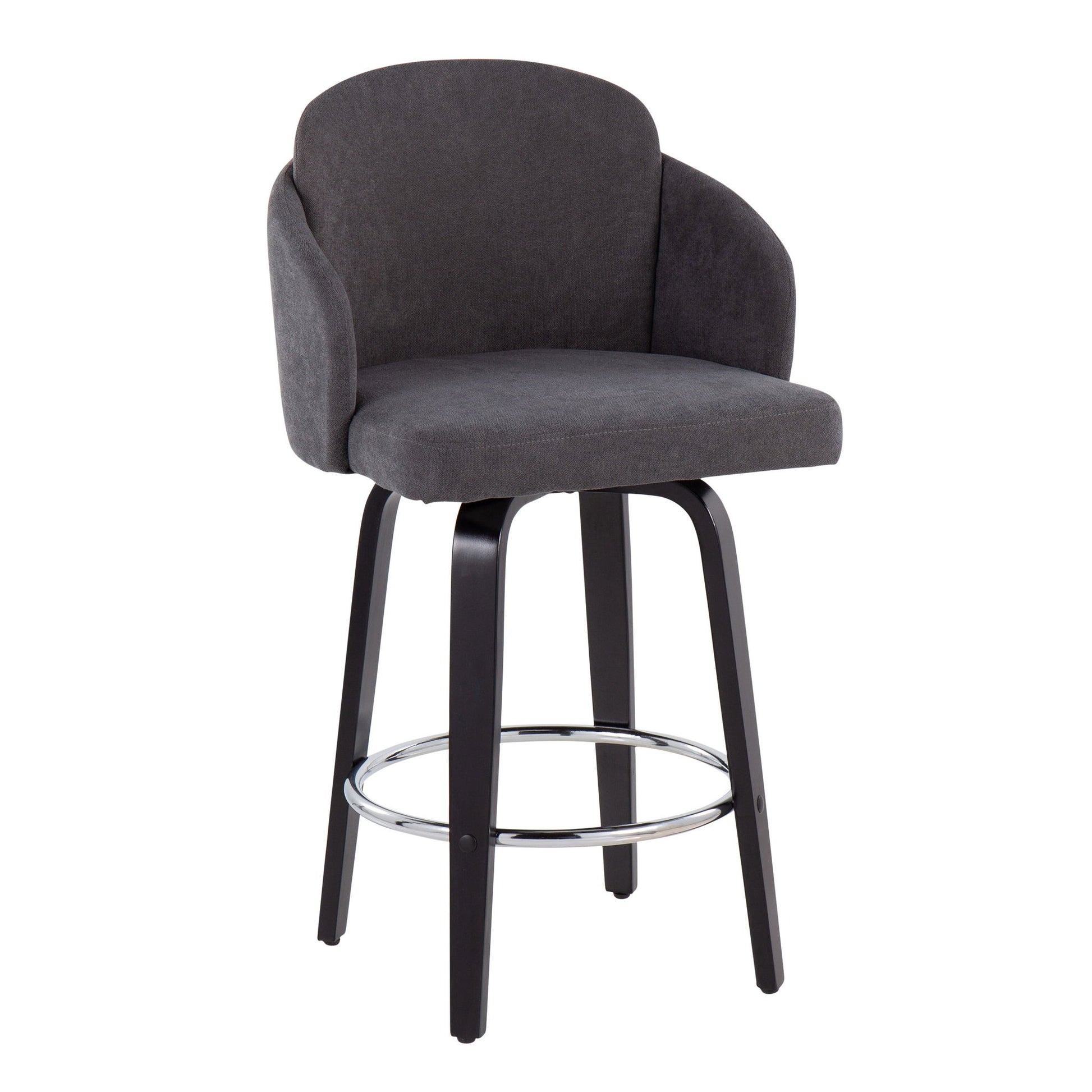 The Dahlia Contemporary Counter Stool (Set of 2) features a curved, upholstered dark gray backrest and seat, four black wooden legs, and a round metal footrest for modern style and comfort.