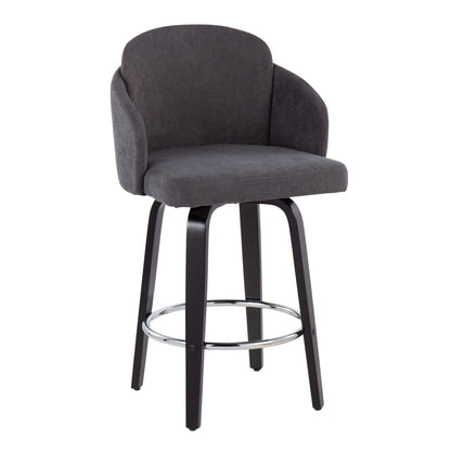 The Dahlia Contemporary Counter Stool (Set of 2) features a curved, upholstered dark gray backrest and seat, four black wooden legs, and a round metal footrest for modern style and comfort.