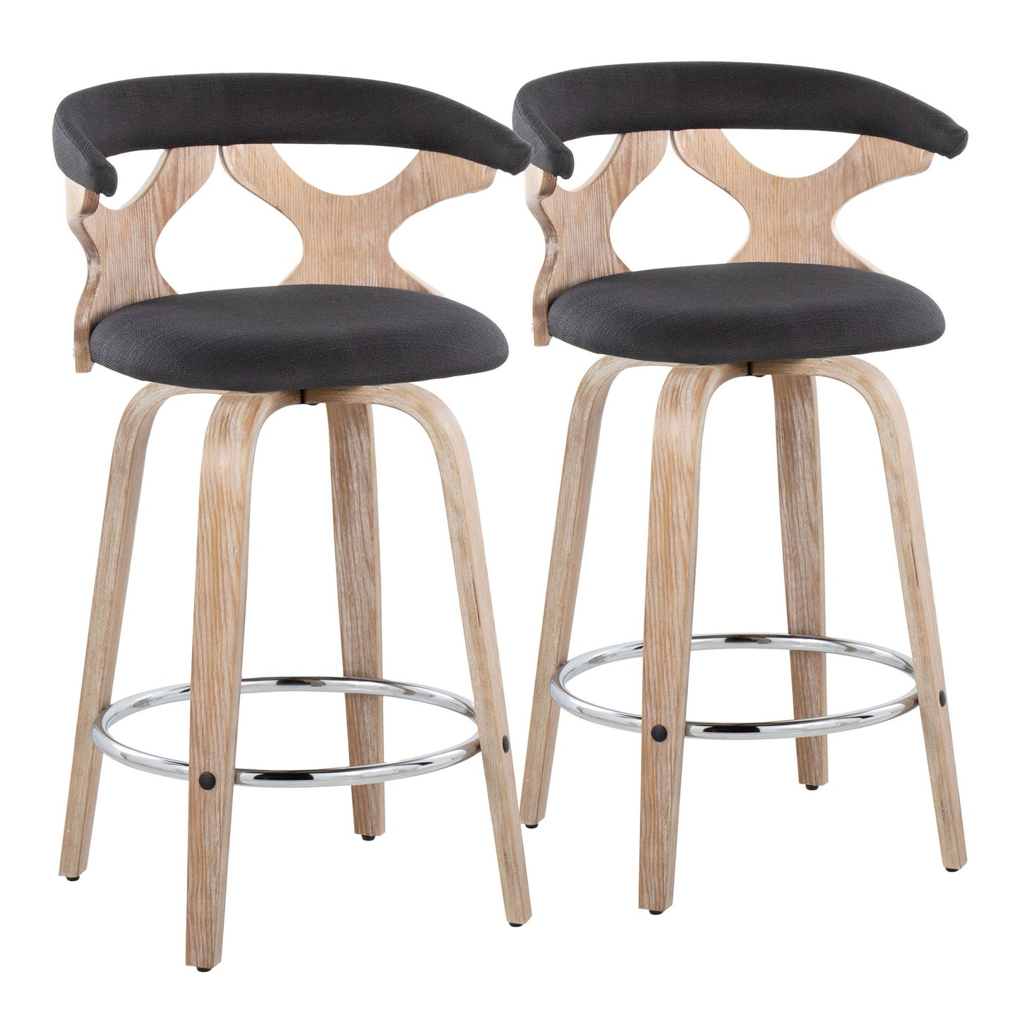 The Gardenia Mid Century Modern Counter Stools (set of 2) feature light wood legs, cut-out backs, black upholstered seats, and chrome footrests, shown side by side against a white background.